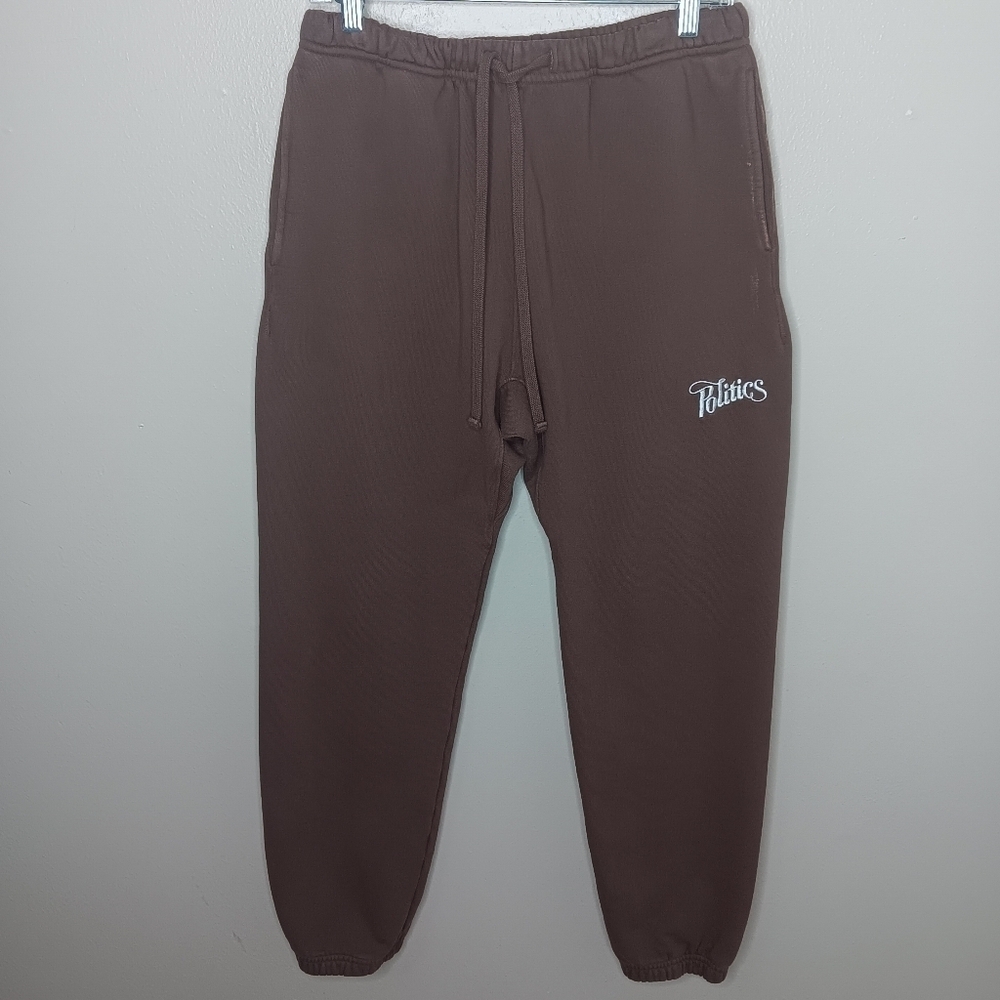 Politics Script Adult Medium Sweatpants Joggers Brown Terry Heavyweight USA